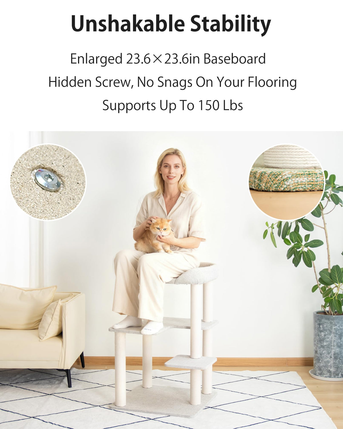 Cat Tree Tower Wooden 37.4''(95 cm), Large Cat Tree with Jump Platform &amp; Play Ball for Indoor Cats, Ideal Cat's Climbing Frame &amp; Playhouse (Linen Fabric Light Grey)