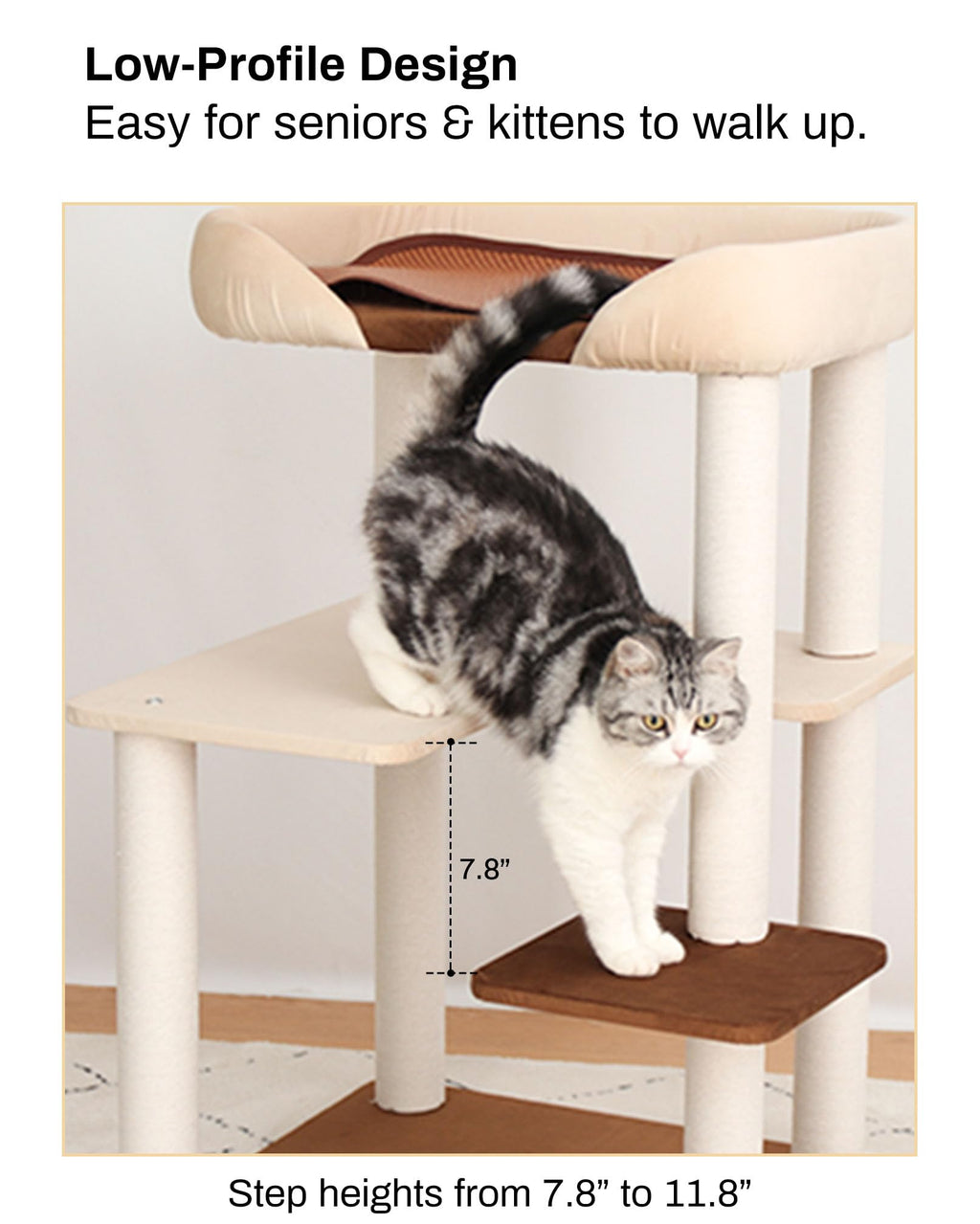 Cat Tree Tower Wooden 37.4''(95 cm), Large Cat Tree with Jump Platform &amp; Play Ball for Indoor Cats, Ideal Cat's Climbing Frame &amp; Playhouse (Linen Fabric Light Grey)