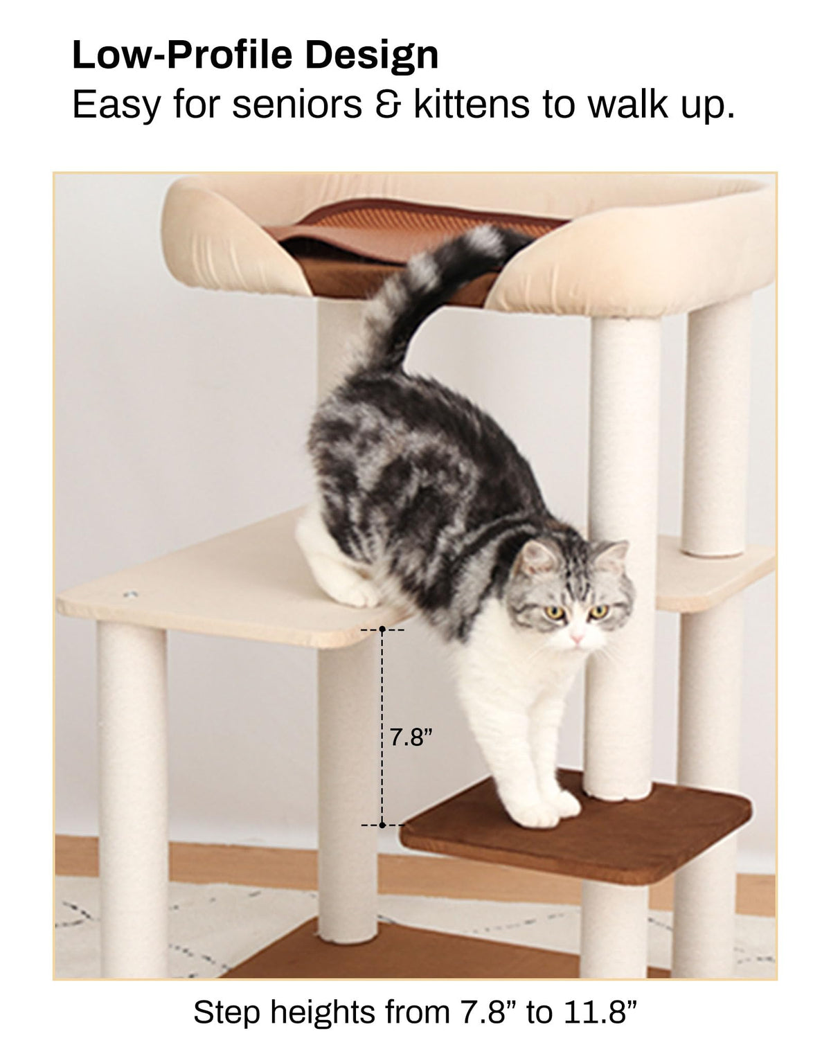 Cat Tree Tower Wooden 37.4''(95 cm), Large Cat Tree with Jump Platform &amp; Play Ball for Indoor Cats, Ideal Cat's Climbing Frame &amp; Playhouse (Linen Fabric Light Grey)