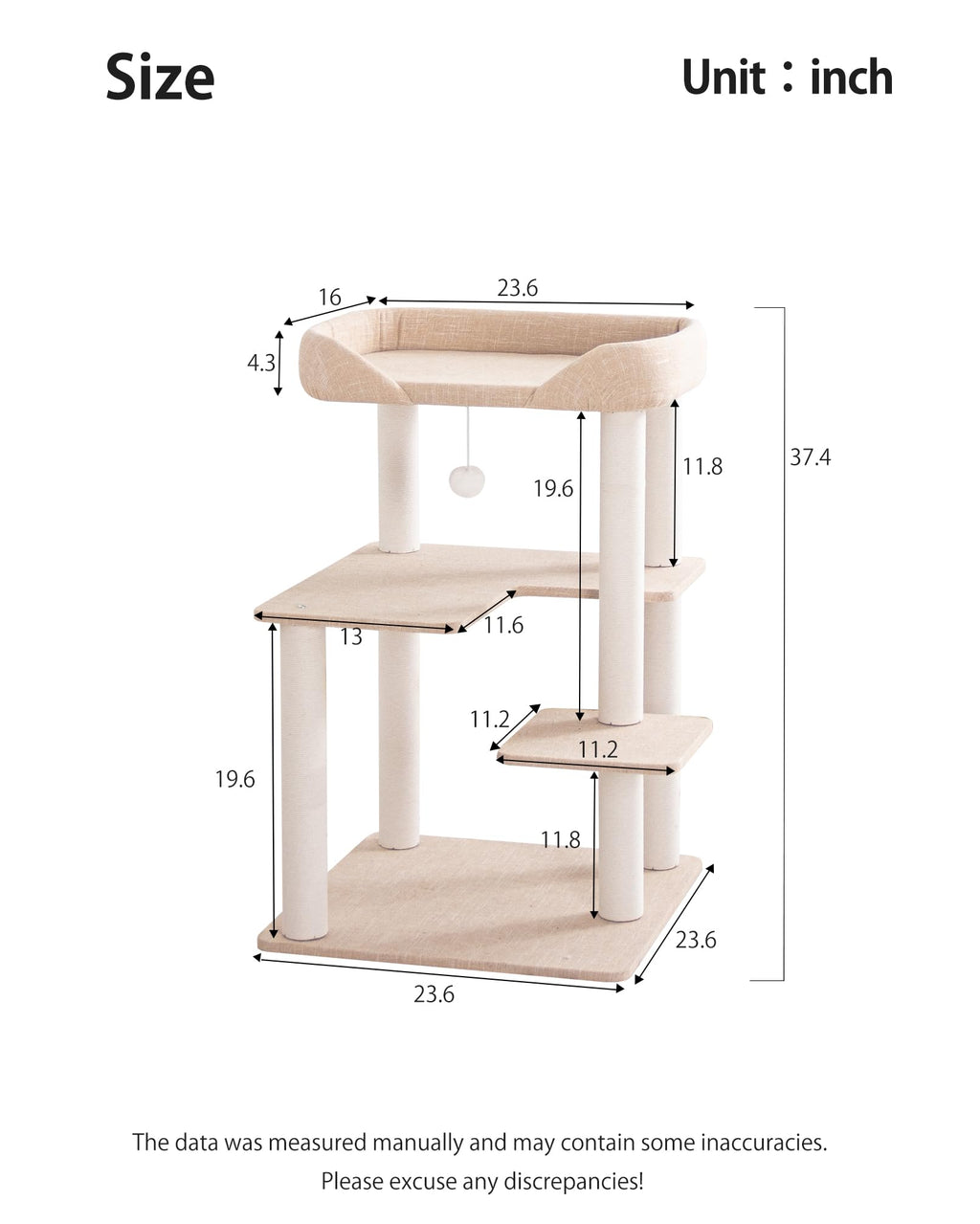 Cat Tree Tower Wooden 37.4''(95 cm), Large Cat Tree with Jump Platform &amp; Play Ball for Indoor Cats, Ideal Cat's Climbing Frame &amp; Playhouse (Linen Fabric Light Grey)