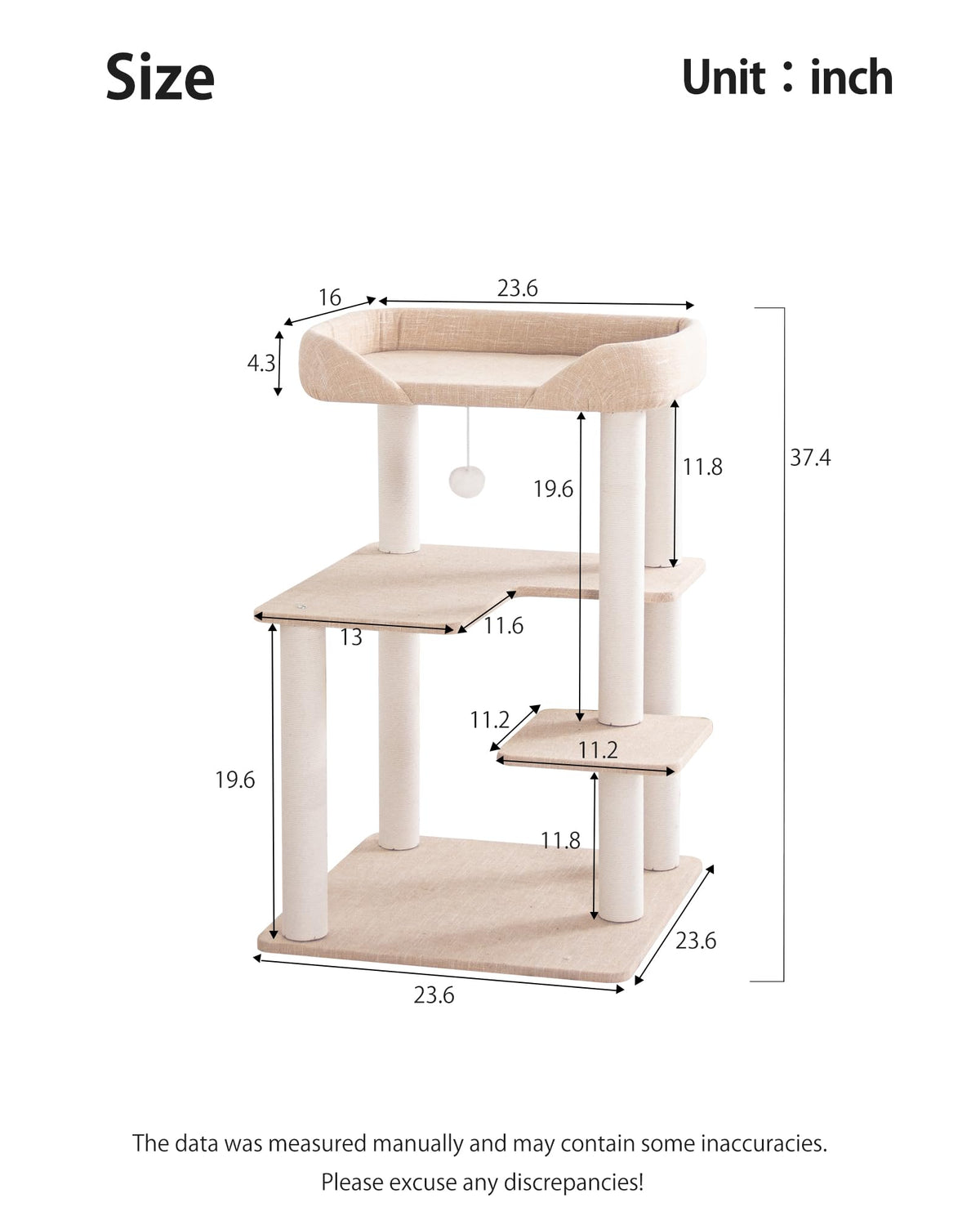 Cat Tree Tower Wooden 37.4''(95 cm), Large Cat Tree with Jump Platform &amp; Play Ball for Indoor Cats, Ideal Cat's Climbing Frame &amp; Playhouse (Linen Fabric Light Grey)