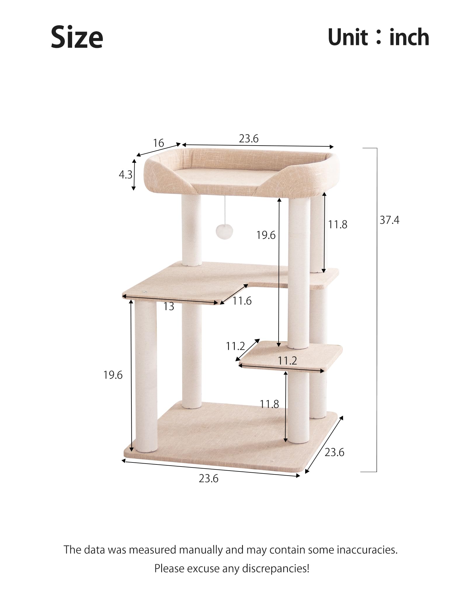 Cat Tree Tower Wooden 37.4''(95 cm), Large Cat Tree with Jump Platform &amp; Play Ball for Indoor Cats, Ideal Cat's Climbing Frame &amp; Playhouse (Linen Fabric Light Grey)
