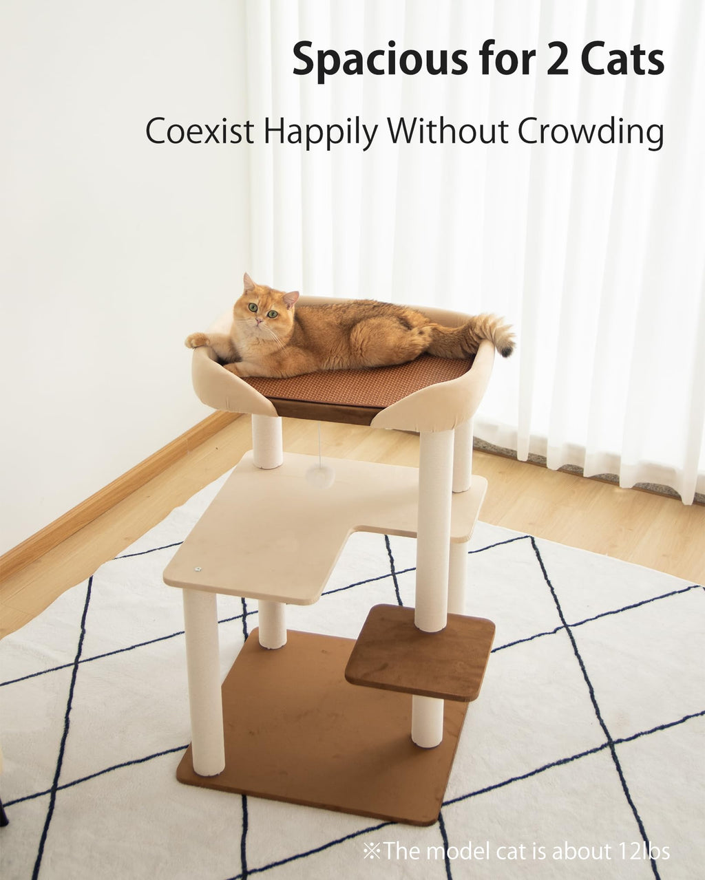 Cat Tree Tower Wooden 37.4''(95 cm), Large Cat Tree with Jump Platform &amp; Play Ball for Indoor Cats, Ideal Cat's Climbing Frame &amp; Playhouse (Linen Fabric Light Grey)