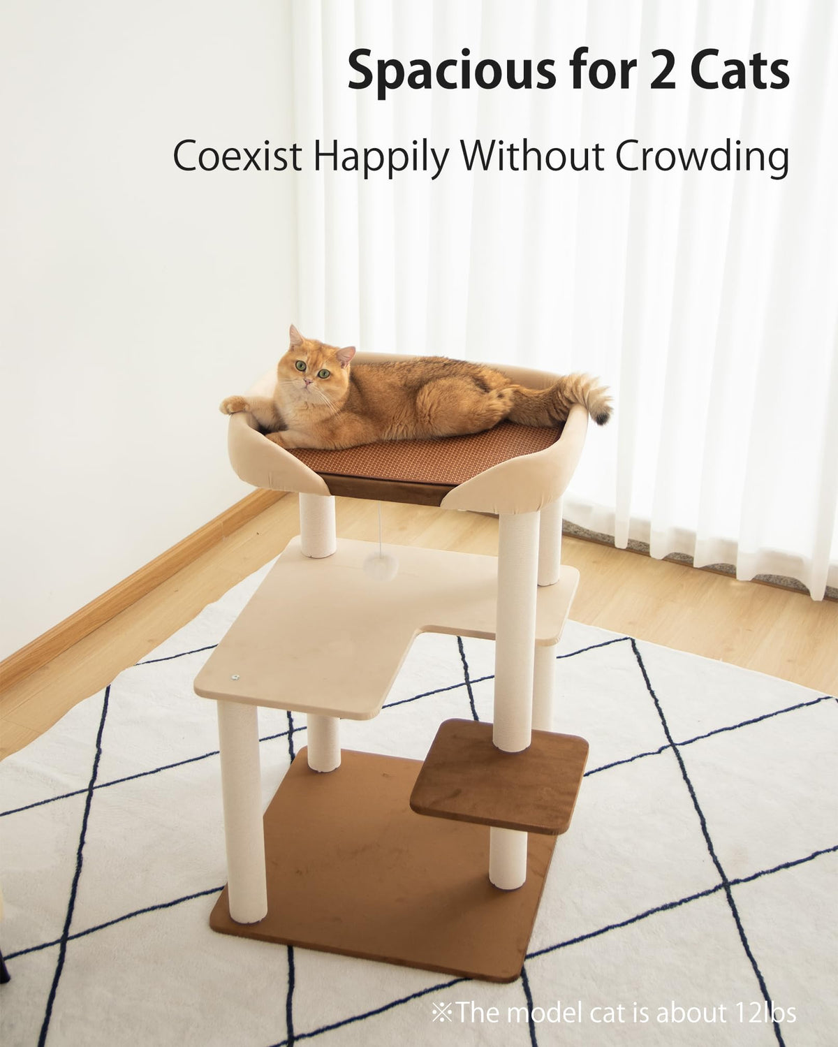 Cat Tree Tower Wooden 37.4''(95 cm), Large Cat Tree with Jump Platform &amp; Play Ball for Indoor Cats, Ideal Cat's Climbing Frame &amp; Playhouse (Linen Fabric Light Grey)