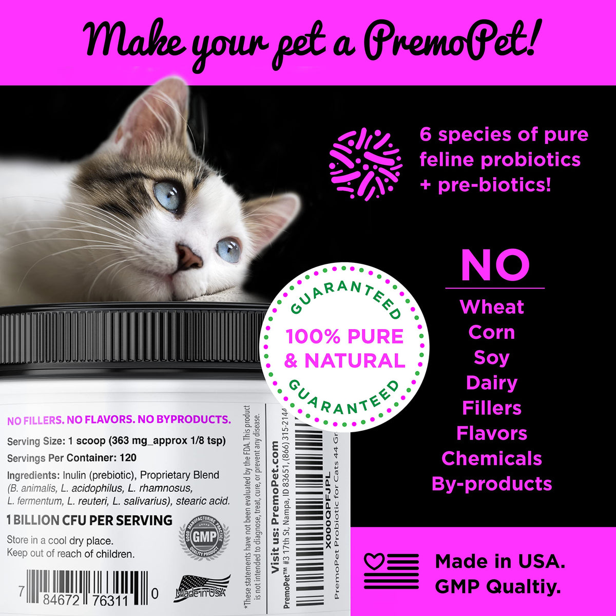PROBIOTIC for Cats – 120 Servings - Premo Pet – Digestive Aid Plus Prebiotics - Best for Diarrhea, Vomiting, Gas, Skin Conditions – Tasteless – Wheat &amp; Dairy Free – GMP – Vet Approved