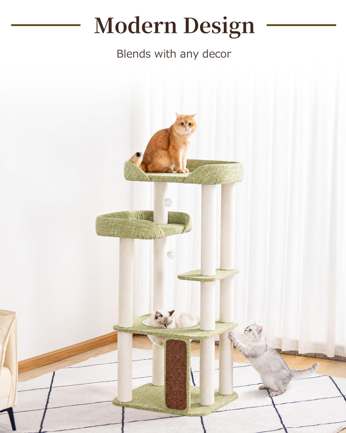 Cat Tree Tower Wooden 37.4''(95 cm), Large Cat Tree with Jump Platform &amp; Play Ball for Indoor Cats, Ideal Cat's Climbing Frame &amp; Playhouse (Linen Fabric Light Grey)