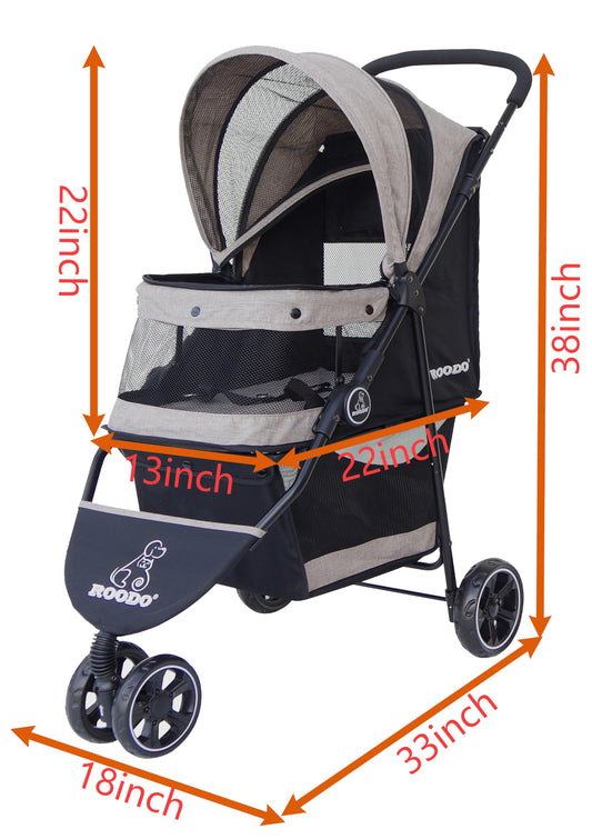 ROODO 3 Wheel Dog Pet Cat Stroller Best Lightweight Foldable Compact Portable Jogger All Terrain Travel Pet Gear Puppy Kitty Stroller for up to 30lbs Medium Small Dogs and Cats(Light Khaki)