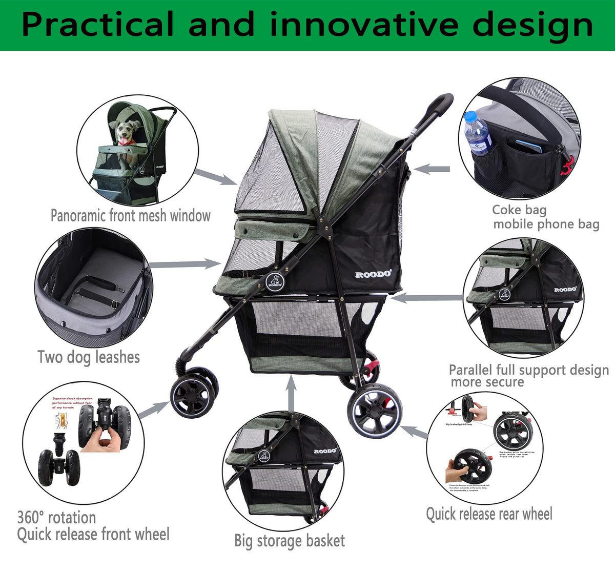 ROODO 3 Wheel Dog Pet Cat Stroller Best Lightweight Foldable Compact Portable Jogger All Terrain Travel Pet Gear Puppy Kitty Stroller for up to 30lbs Medium Small Dogs and Cats(Light Khaki)