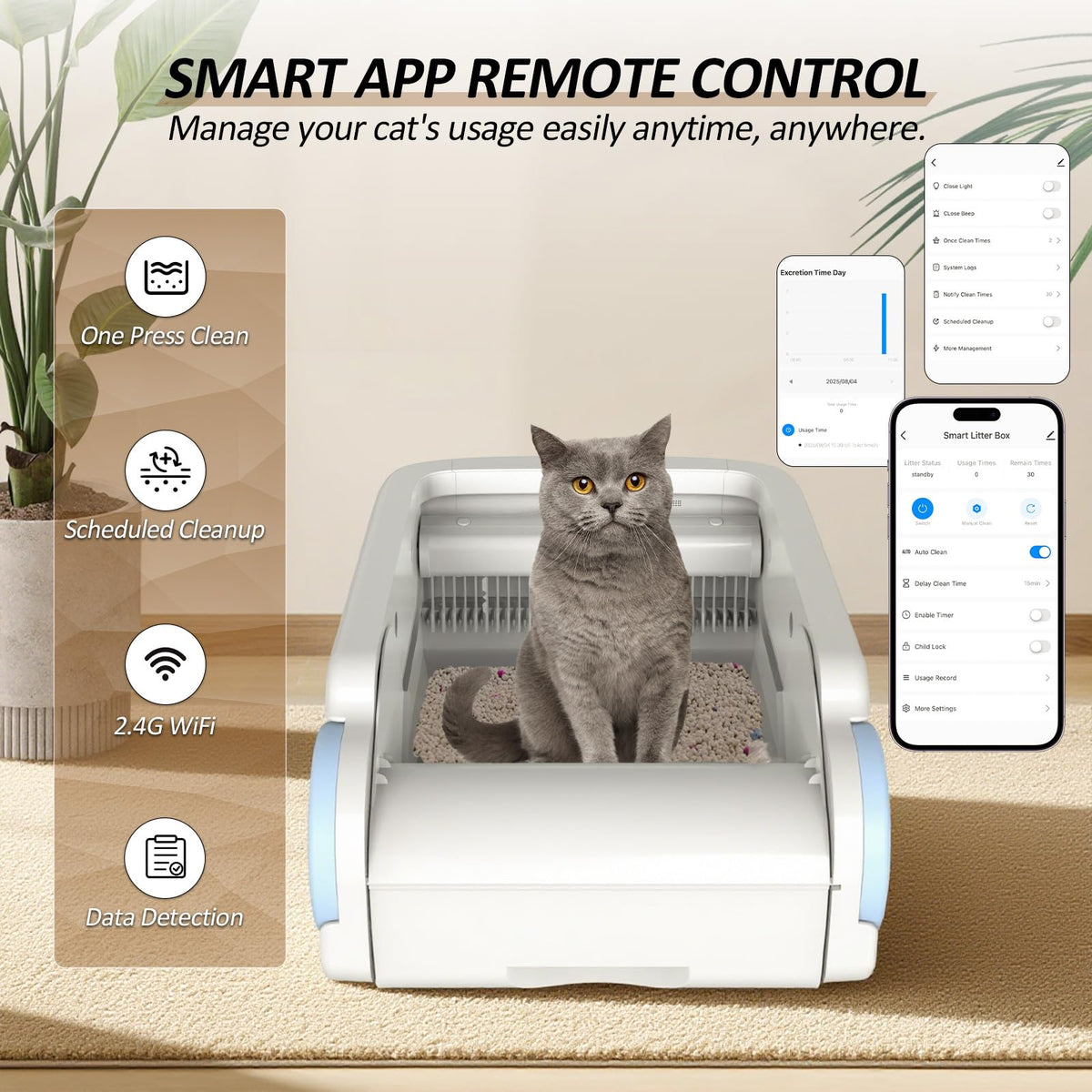 Self Cleaning Cat Litter Box, Open-Top Automatic Litter Box for Multiple Cats with App Control, Safety Sensors Protection, Odor Control Includes 2 Roll Waste Bin Liners and 1 Litter Mat, White