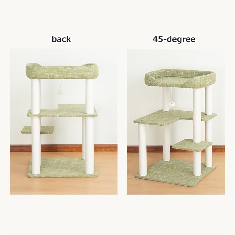 Cat Tree Tower Wooden 37.4''(95 cm), Large Cat Tree with Jump Platform &amp; Play Ball for Indoor Cats, Ideal Cat's Climbing Frame &amp; Playhouse (Linen Fabric Light Grey)