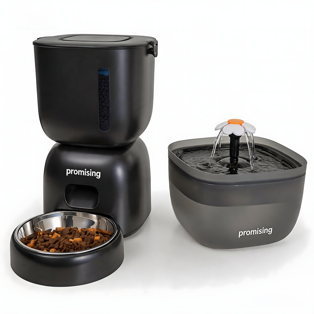 Automatic Cat Feeder and Water Dispenser FW1, Wire or Battery Cat Food Dispenser Timer Pet Feeder - Locking Lid, Desiccant Bag, Programmable Portion Control, 4 Daily Meals, 10s Voice Recorder