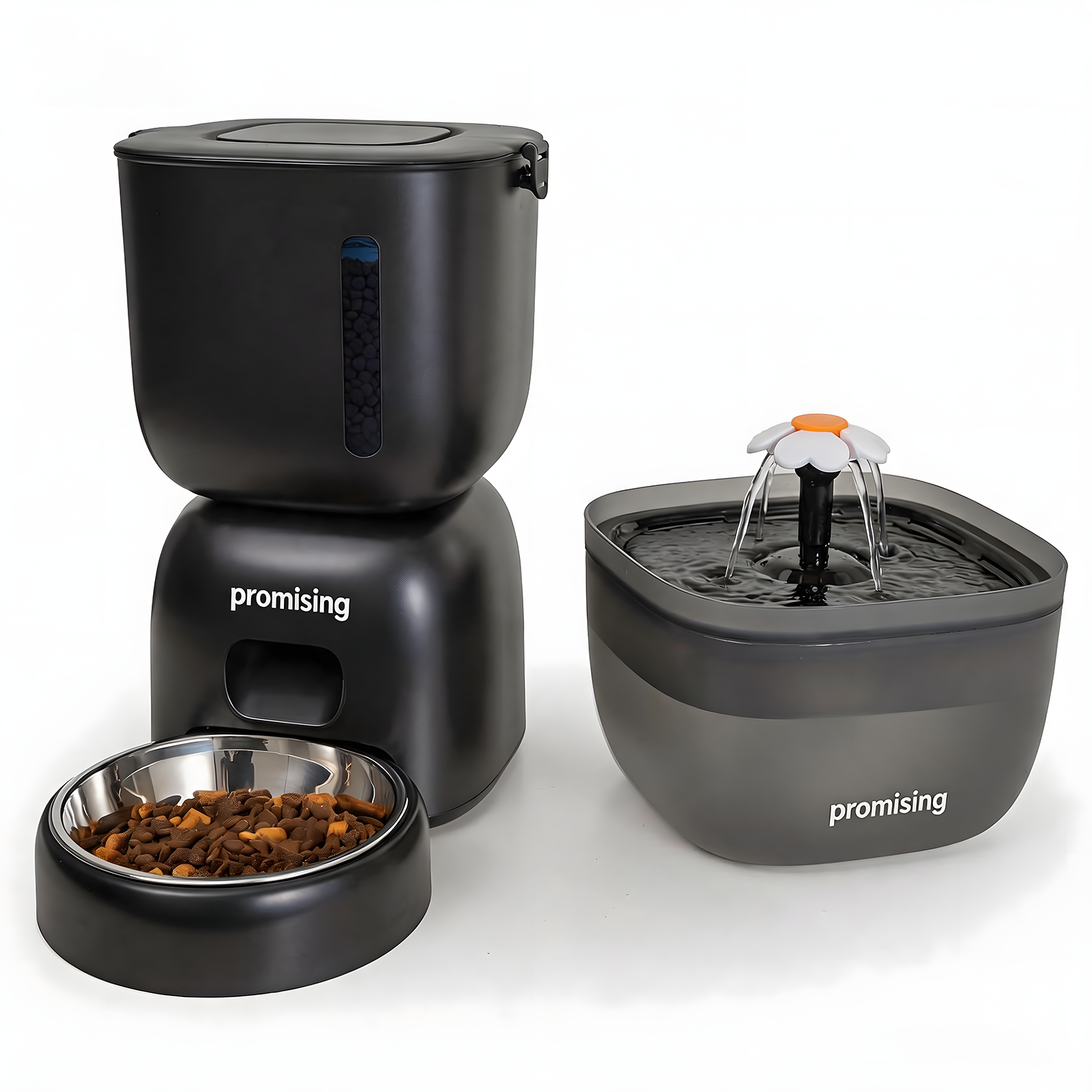 Automatic Cat Feeder and Water Dispenser FW1, Wire or Battery Cat Food Dispenser Timer Pet Feeder - Locking Lid, Desiccant Bag, Programmable Portion Control, 4 Daily Meals, 10s Voice Recorder