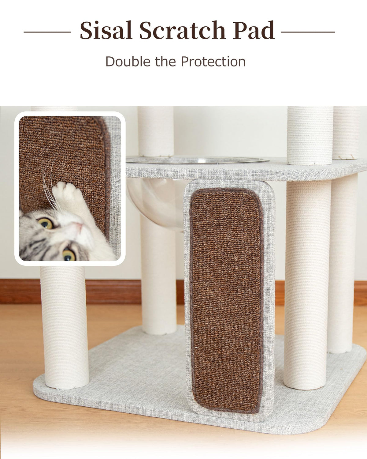 Cat Tree Tower Wooden 37.4''(95 cm), Large Cat Tree with Jump Platform &amp; Play Ball for Indoor Cats, Ideal Cat's Climbing Frame &amp; Playhouse (Linen Fabric Light Grey)