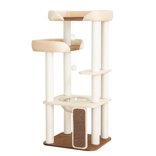 Cat Tree Tower Wooden 37.4''(95 cm), Large Cat Tree with Jump Platform &amp; Play Ball for Indoor Cats, Ideal Cat's Climbing Frame &amp; Playhouse (Linen Fabric Light Grey)