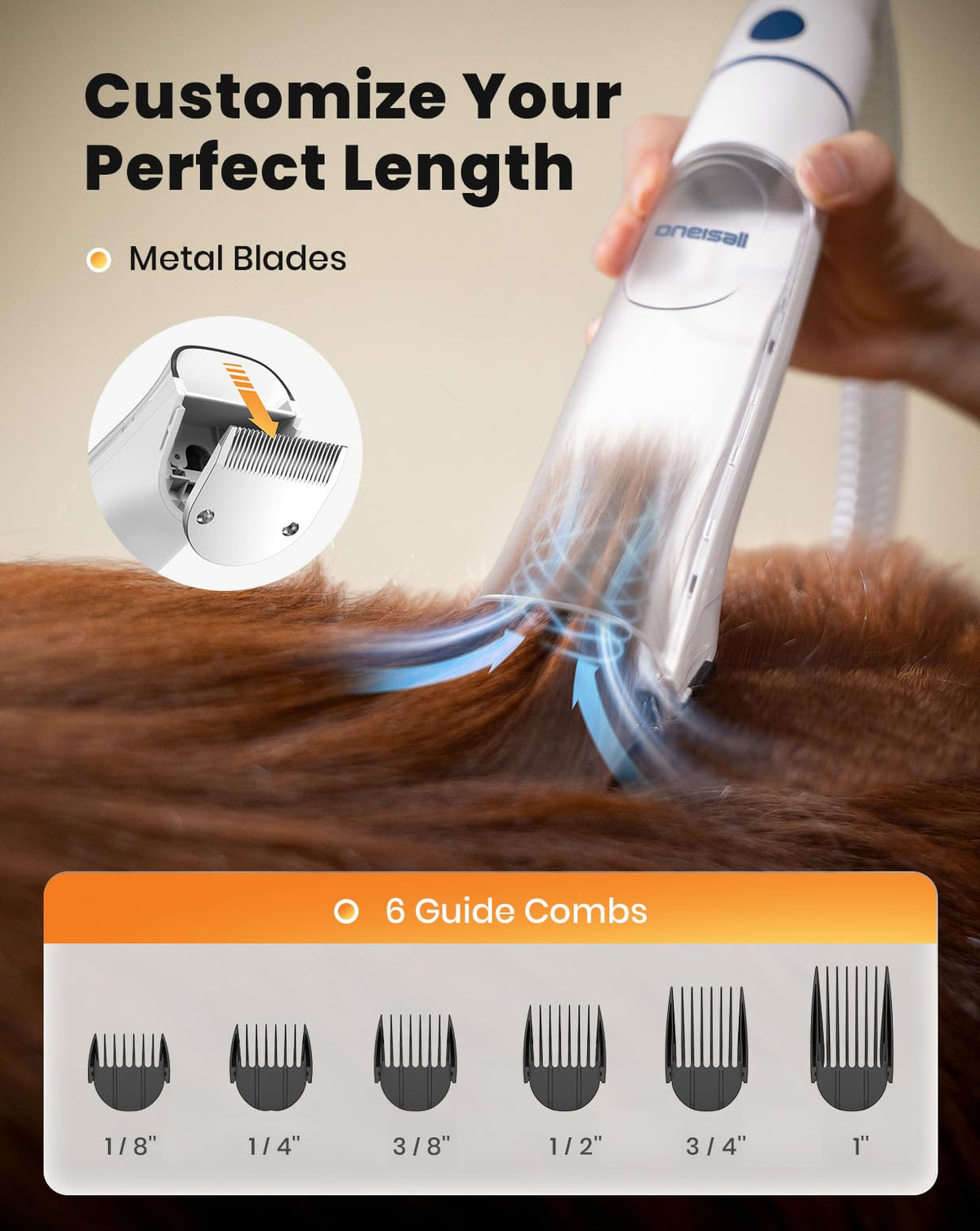 oneisall Dog Vacuum &amp; Dryer for Shedding Grooming, 8 in 1 Dog Grooming Kit with Metal Blade Pet Clippers, Adjustable Speed and Temperature Control Blower