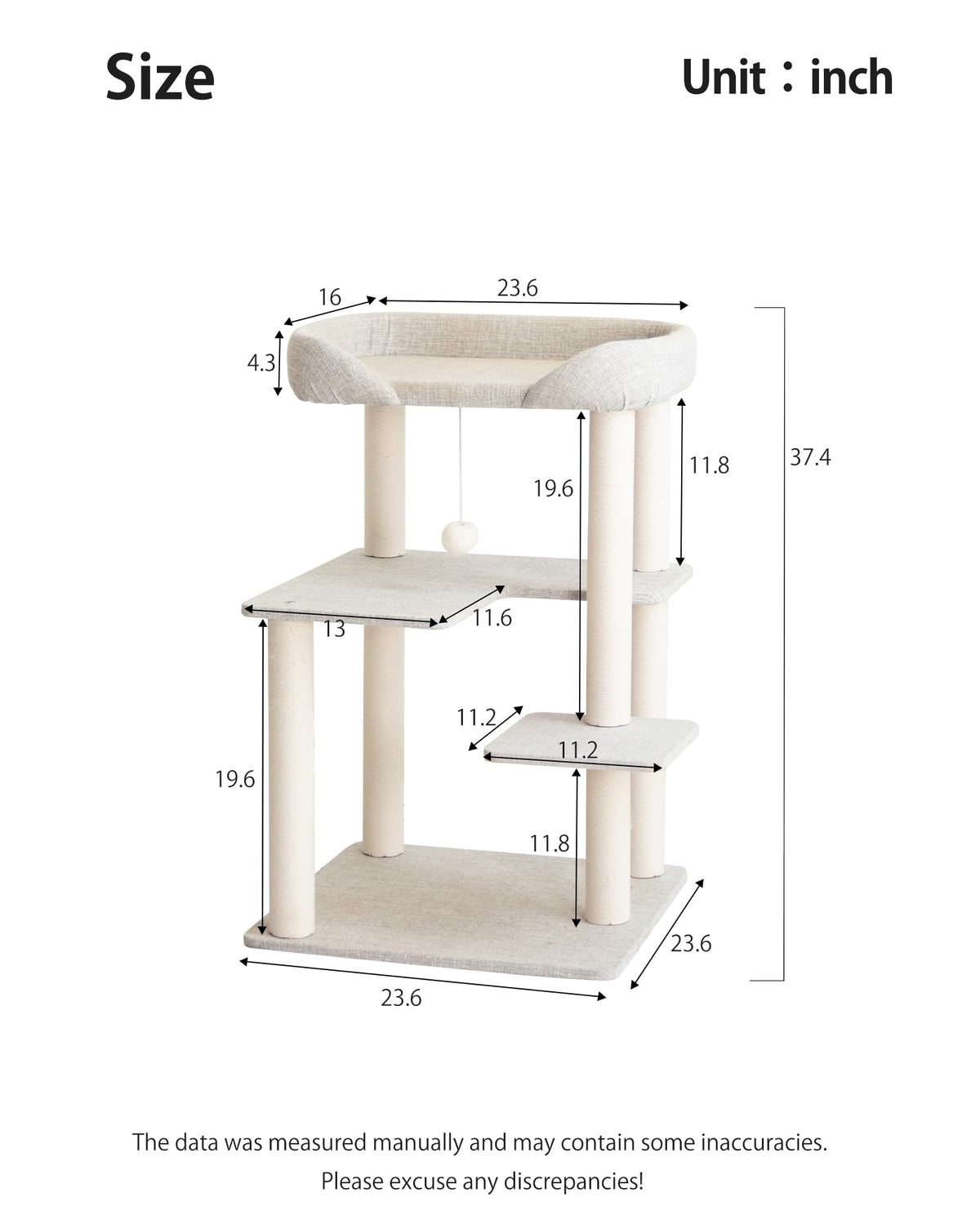 Cat Tree Tower Wooden 37.4''(95 cm), Large Cat Tree with Jump Platform &amp; Play Ball for Indoor Cats, Ideal Cat's Climbing Frame &amp; Playhouse (Linen Fabric Light Grey)