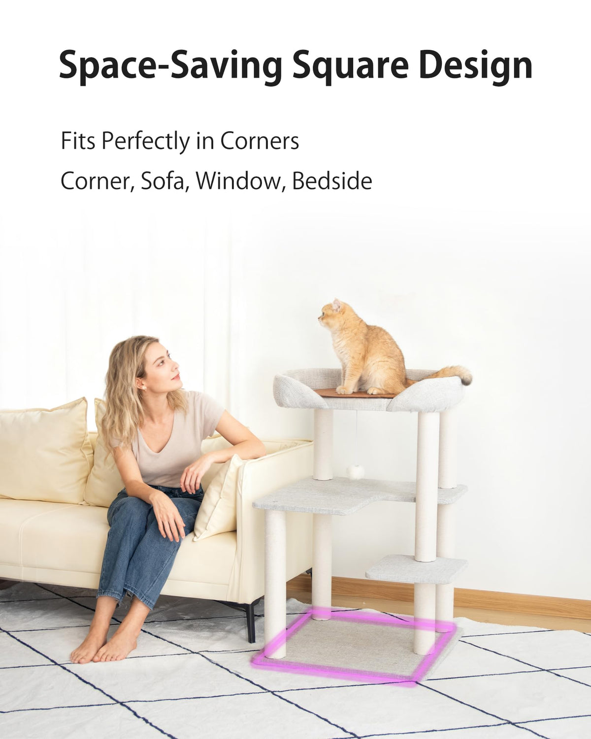 Cat Tree Tower Wooden 37.4''(95 cm), Large Cat Tree with Jump Platform &amp; Play Ball for Indoor Cats, Ideal Cat's Climbing Frame &amp; Playhouse (Linen Fabric Light Grey)