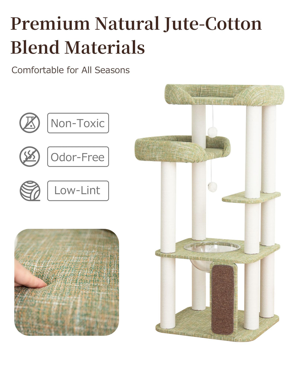 Cat Tree Tower Wooden 37.4''(95 cm), Large Cat Tree with Jump Platform &amp; Play Ball for Indoor Cats, Ideal Cat's Climbing Frame &amp; Playhouse (Linen Fabric Light Grey)