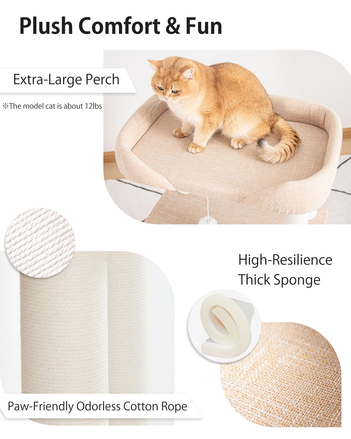 Cat Tree Tower Wooden 37.4''(95 cm), Large Cat Tree with Jump Platform &amp; Play Ball for Indoor Cats, Ideal Cat's Climbing Frame &amp; Playhouse (Linen Fabric Light Grey)