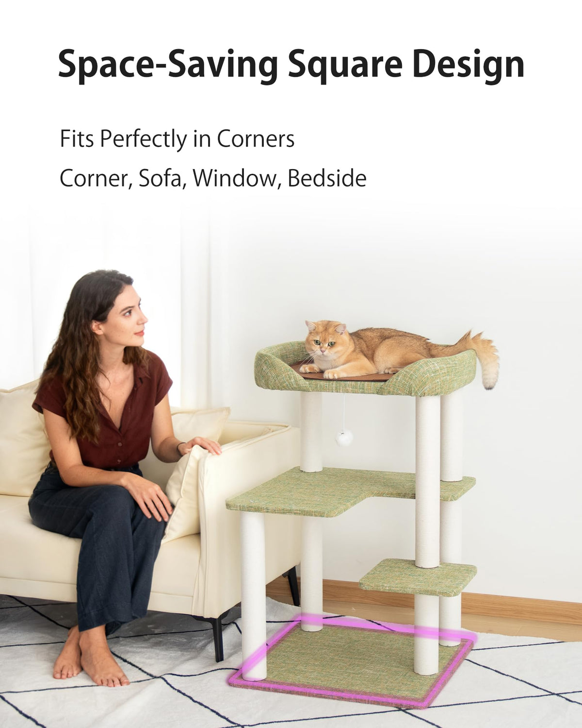 Cat Tree Tower Wooden 37.4''(95 cm), Large Cat Tree with Jump Platform &amp; Play Ball for Indoor Cats, Ideal Cat's Climbing Frame &amp; Playhouse (Linen Fabric Light Grey)