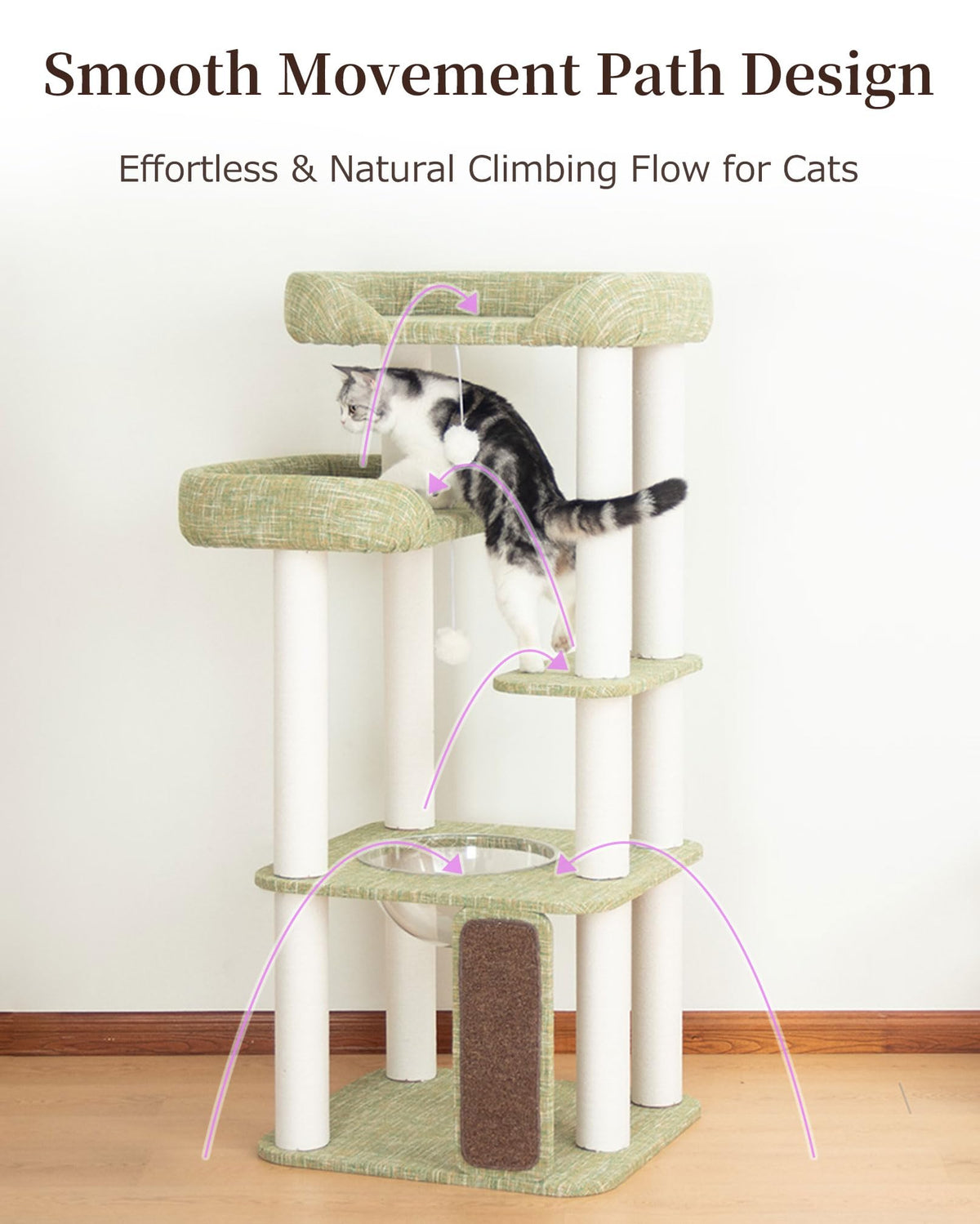 Cat Tree Tower Wooden 37.4''(95 cm), Large Cat Tree with Jump Platform &amp; Play Ball for Indoor Cats, Ideal Cat's Climbing Frame &amp; Playhouse (Linen Fabric Light Grey)
