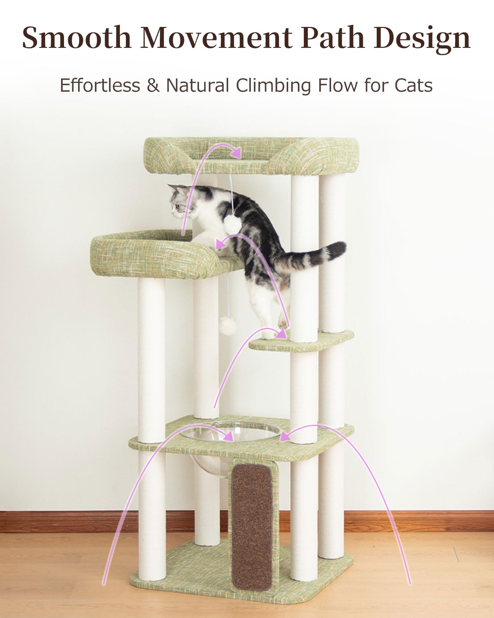 Cat Tree Tower Wooden 37.4''(95 cm), Large Cat Tree with Jump Platform &amp; Play Ball for Indoor Cats, Ideal Cat's Climbing Frame &amp; Playhouse (Linen Fabric Light Grey)