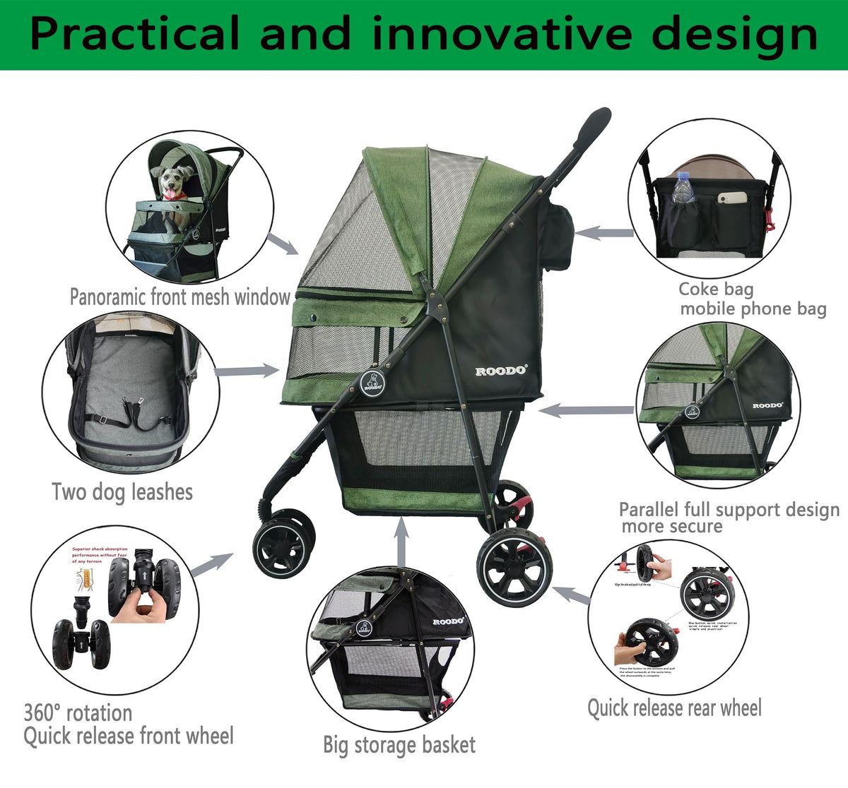 ROODO 3 Wheel Dog Pet Cat Stroller Best Lightweight Foldable Compact Portable Jogger All Terrain Travel Pet Gear Puppy Kitty Stroller for up to 30lbs Medium Small Dogs and Cats(Light Khaki)