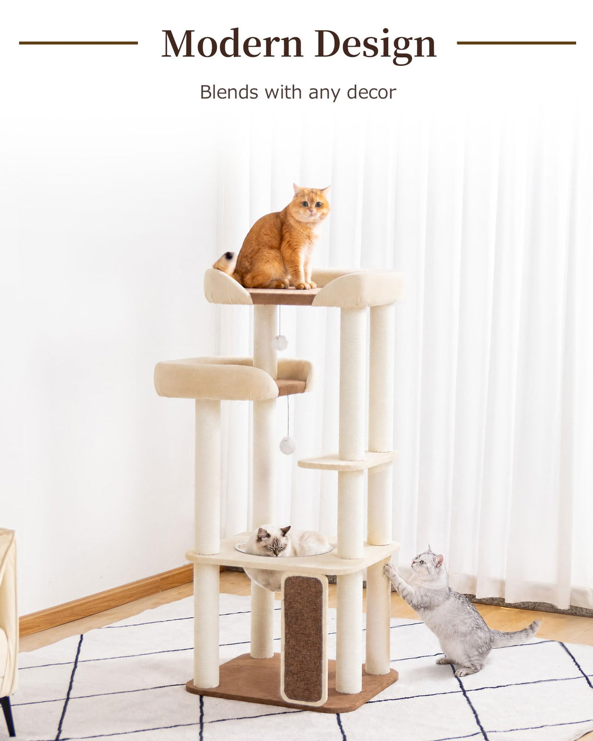 Cat Tree Tower Wooden 37.4''(95 cm), Large Cat Tree with Jump Platform &amp; Play Ball for Indoor Cats, Ideal Cat's Climbing Frame &amp; Playhouse (Linen Fabric Light Grey)