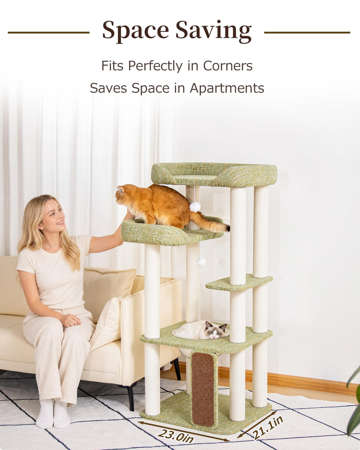 Cat Tree Tower Wooden 37.4''(95 cm), Large Cat Tree with Jump Platform &amp; Play Ball for Indoor Cats, Ideal Cat's Climbing Frame &amp; Playhouse (Linen Fabric Light Grey)