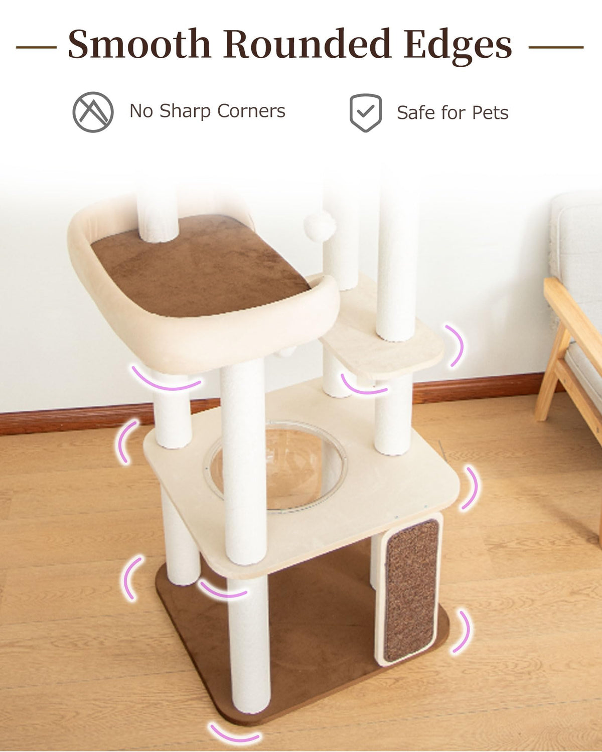 Cat Tree Tower Wooden 37.4''(95 cm), Large Cat Tree with Jump Platform &amp; Play Ball for Indoor Cats, Ideal Cat's Climbing Frame &amp; Playhouse (Linen Fabric Light Grey)