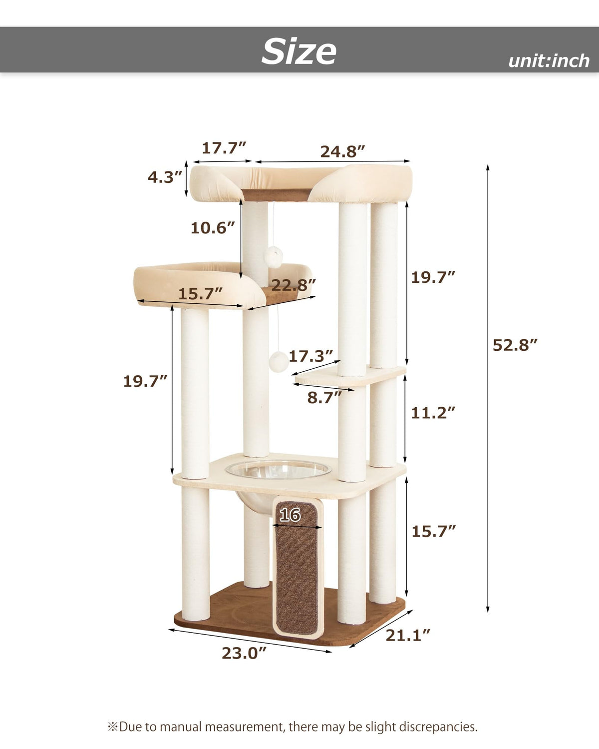 Cat Tree Tower Wooden 37.4''(95 cm), Large Cat Tree with Jump Platform &amp; Play Ball for Indoor Cats, Ideal Cat's Climbing Frame &amp; Playhouse (Linen Fabric Light Grey)