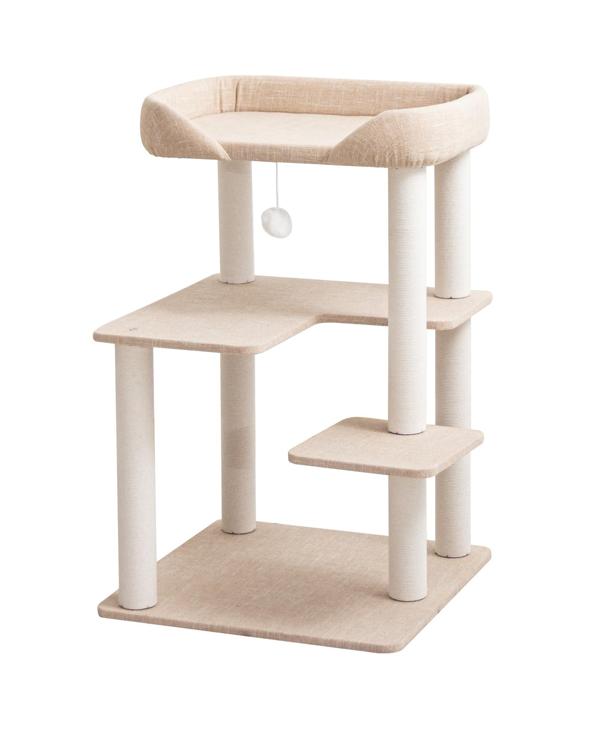 Cat Tree Tower Wooden 37.4''(95 cm), Large Cat Tree with Jump Platform &amp; Play Ball for Indoor Cats, Ideal Cat's Climbing Frame &amp; Playhouse (Linen Fabric Light Grey)