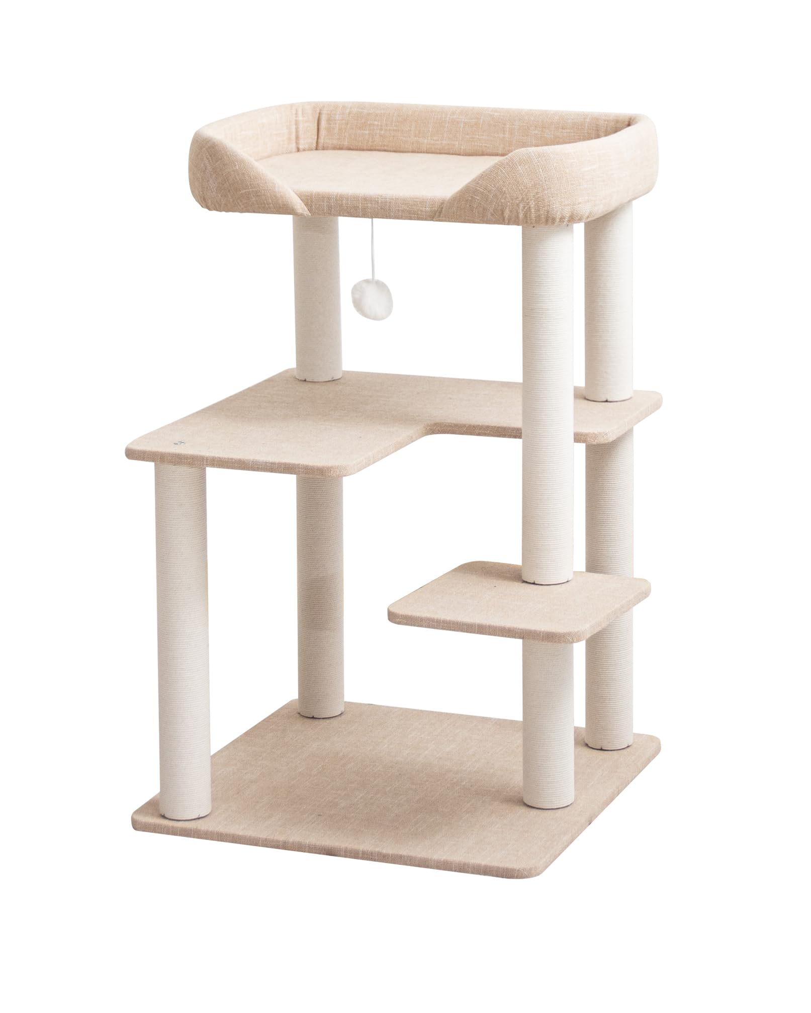 Cat Tree Tower Wooden 37.4''(95 cm), Large Cat Tree with Jump Platform &amp; Play Ball for Indoor Cats, Ideal Cat's Climbing Frame &amp; Playhouse (Linen Fabric Light Grey)