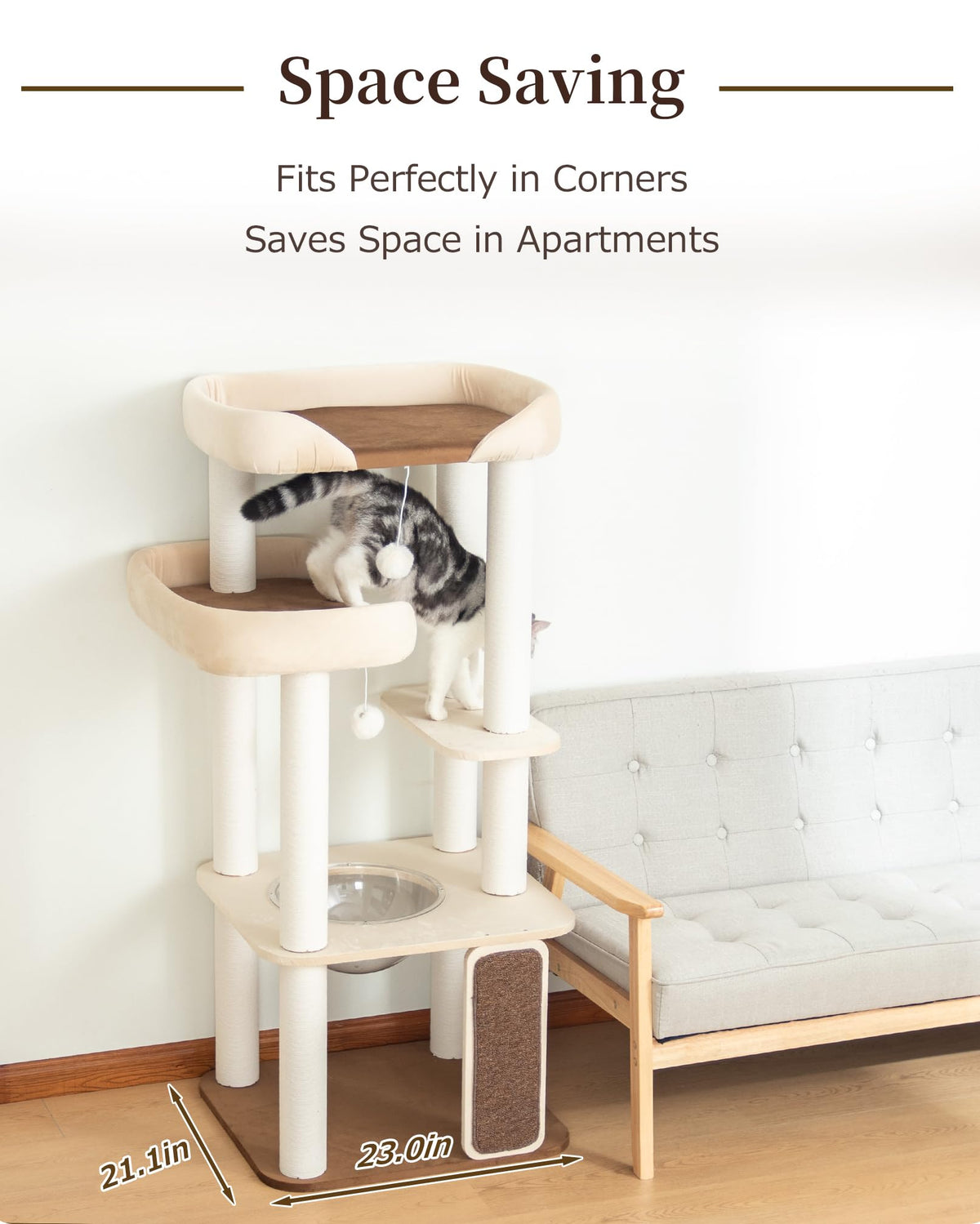 Cat Tree Tower Wooden 37.4''(95 cm), Large Cat Tree with Jump Platform &amp; Play Ball for Indoor Cats, Ideal Cat's Climbing Frame &amp; Playhouse (Linen Fabric Light Grey)