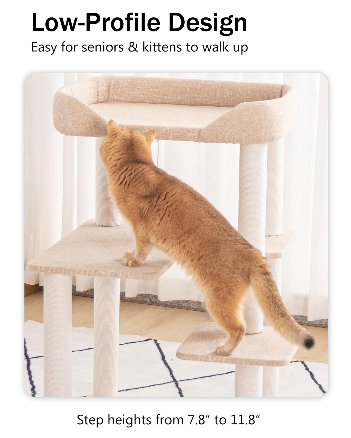 Cat Tree Tower Wooden 37.4''(95 cm), Large Cat Tree with Jump Platform &amp; Play Ball for Indoor Cats, Ideal Cat's Climbing Frame &amp; Playhouse (Linen Fabric Light Grey)