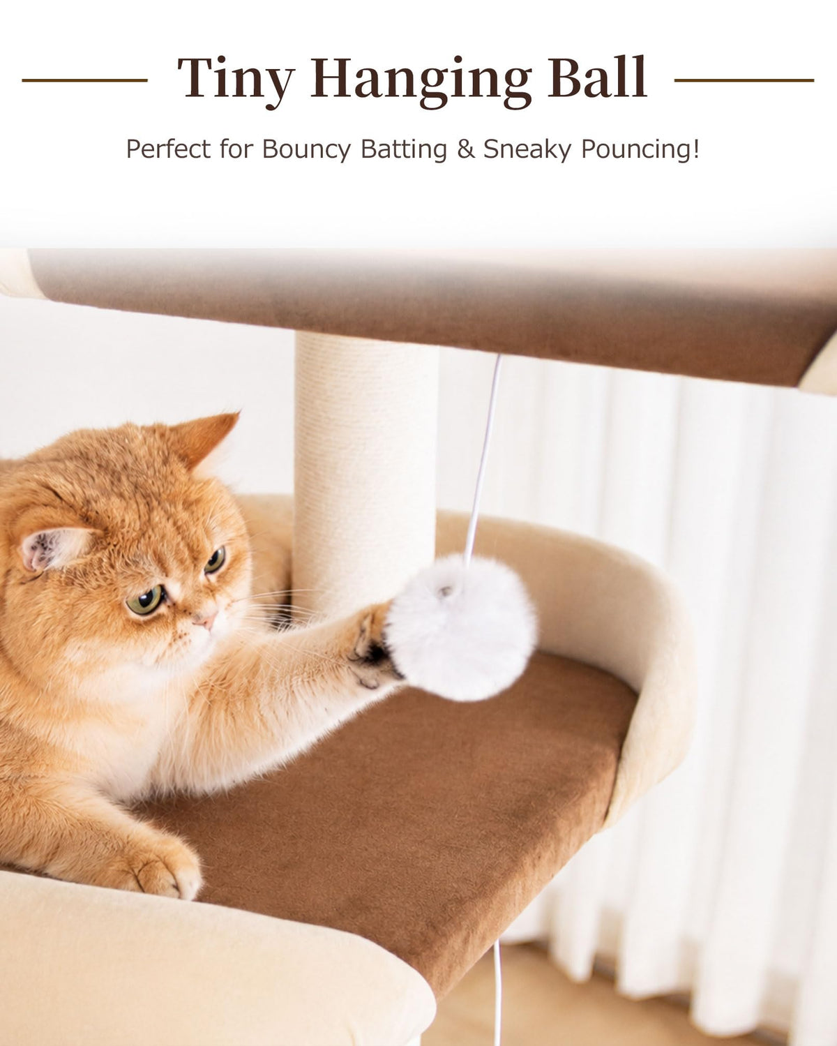Cat Tree Tower Wooden 37.4''(95 cm), Large Cat Tree with Jump Platform &amp; Play Ball for Indoor Cats, Ideal Cat's Climbing Frame &amp; Playhouse (Linen Fabric Light Grey)