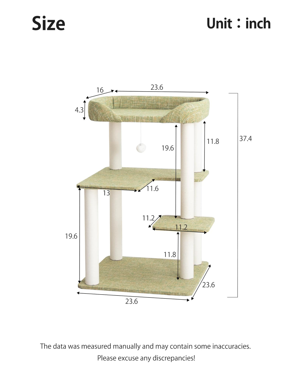 Cat Tree Tower Wooden 37.4''(95 cm), Large Cat Tree with Jump Platform &amp; Play Ball for Indoor Cats, Ideal Cat's Climbing Frame &amp; Playhouse (Linen Fabric Light Grey)