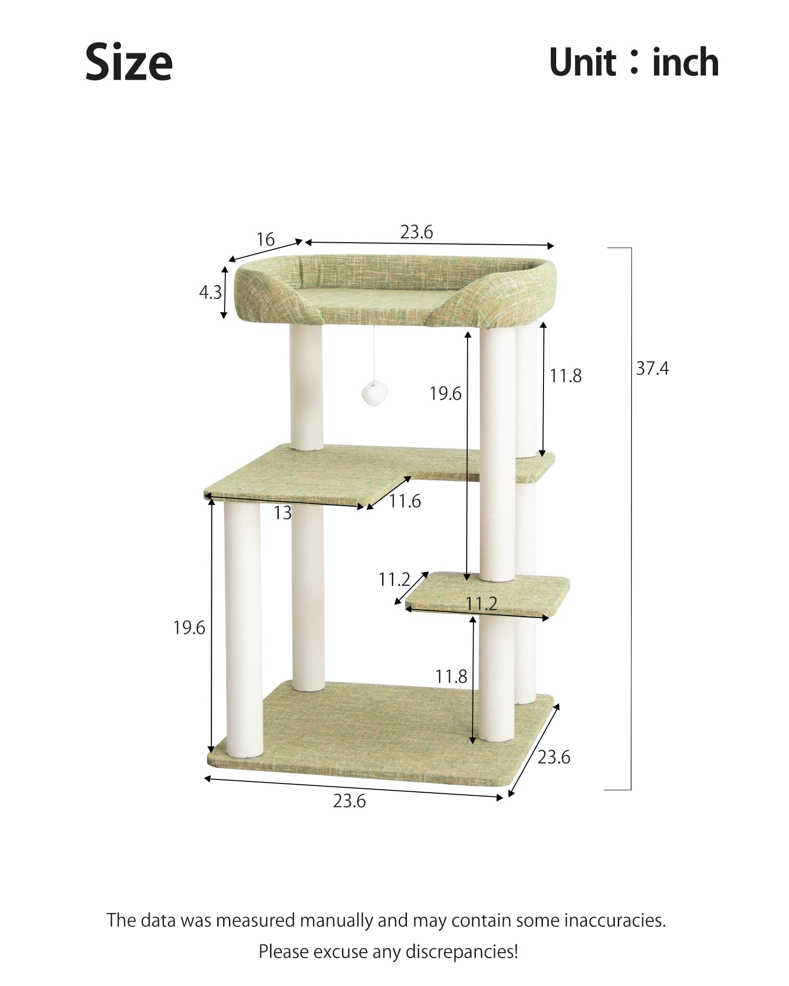 Cat Tree Tower Wooden 37.4''(95 cm), Large Cat Tree with Jump Platform &amp; Play Ball for Indoor Cats, Ideal Cat's Climbing Frame &amp; Playhouse (Linen Fabric Light Grey)