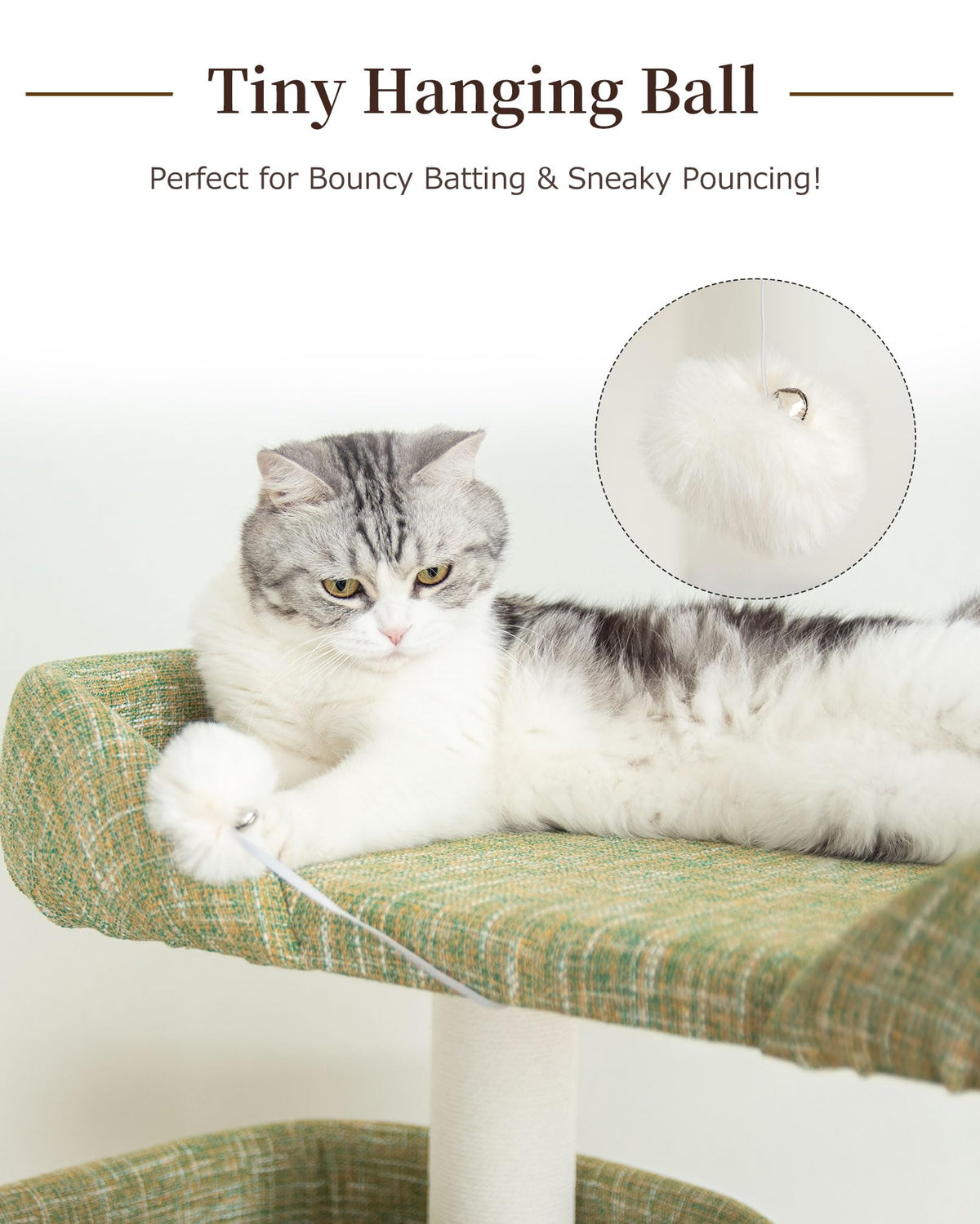 Cat Tree Tower Wooden 37.4''(95 cm), Large Cat Tree with Jump Platform &amp; Play Ball for Indoor Cats, Ideal Cat's Climbing Frame &amp; Playhouse (Linen Fabric Light Grey)