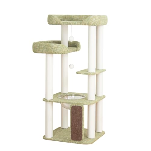 Cat Tree Tower Wooden 37.4''(95 cm), Large Cat Tree with Jump Platform &amp; Play Ball for Indoor Cats, Ideal Cat's Climbing Frame &amp; Playhouse (Linen Fabric Light Grey)