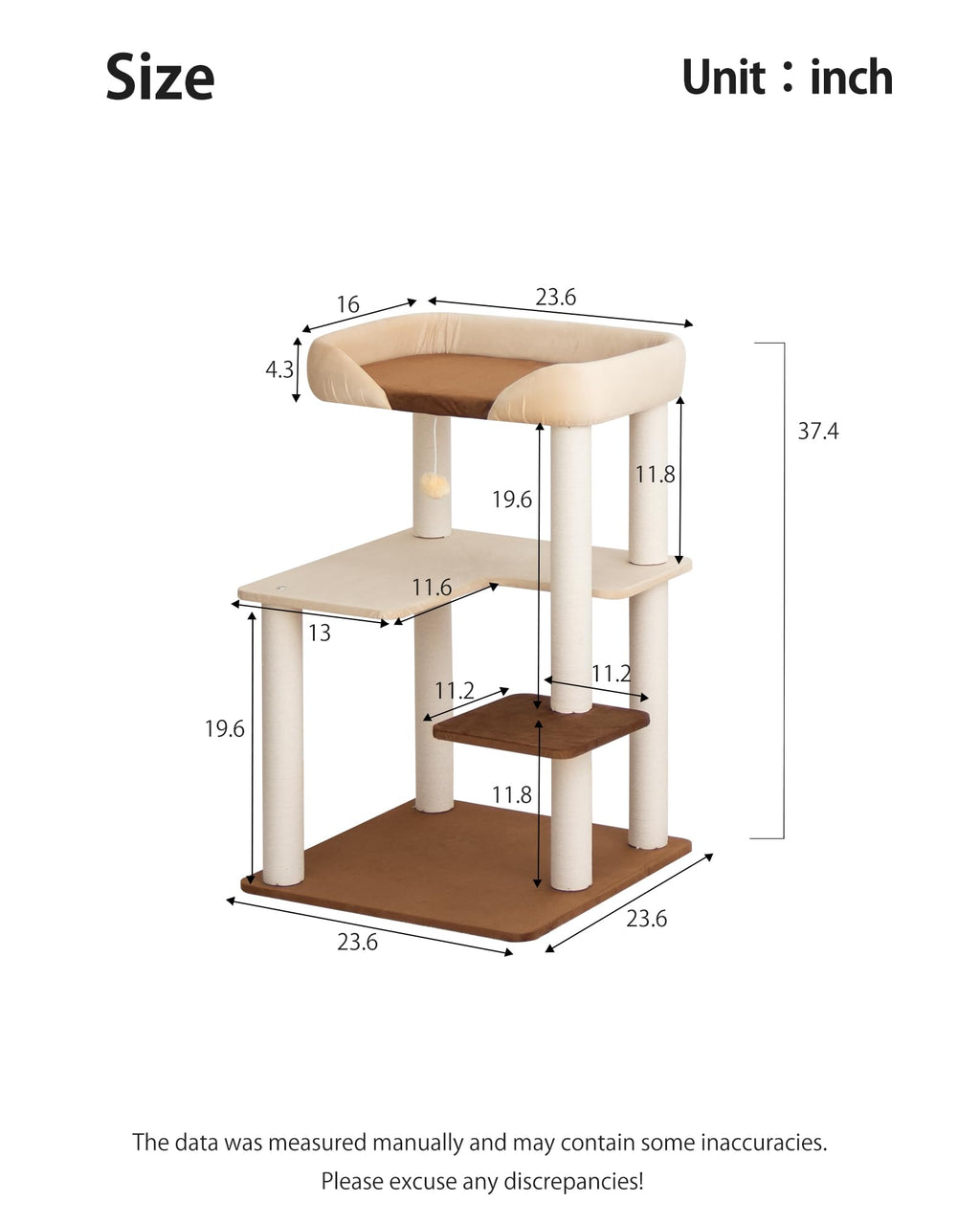 Cat Tree Tower Wooden 37.4''(95 cm), Large Cat Tree with Jump Platform &amp; Play Ball for Indoor Cats, Ideal Cat's Climbing Frame &amp; Playhouse (Linen Fabric Light Grey)