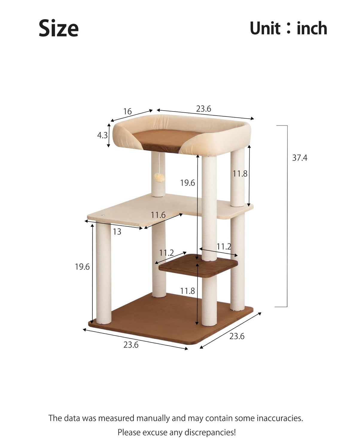 Cat Tree Tower Wooden 37.4''(95 cm), Large Cat Tree with Jump Platform &amp; Play Ball for Indoor Cats, Ideal Cat's Climbing Frame &amp; Playhouse (Linen Fabric Light Grey)