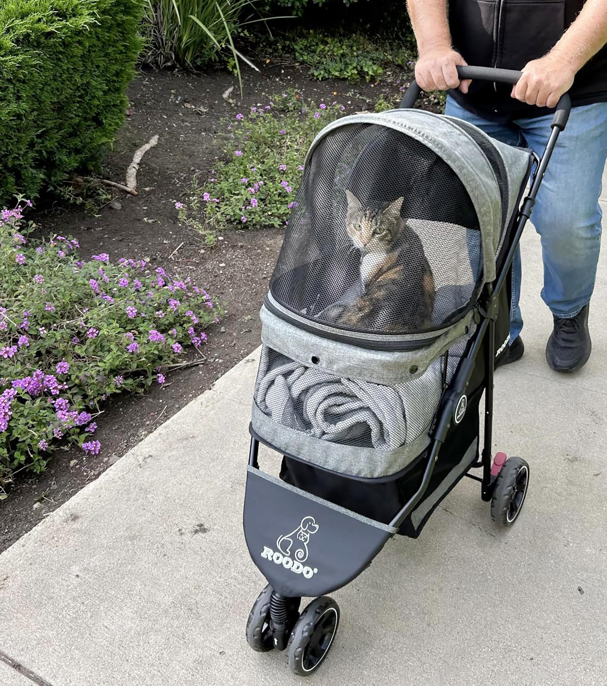 ROODO 3 Wheel Dog Pet Cat Stroller Best Lightweight Foldable Compact Portable Jogger All Terrain Travel Pet Gear Puppy Kitty Stroller for up to 30lbs Medium Small Dogs and Cats(Light Khaki)