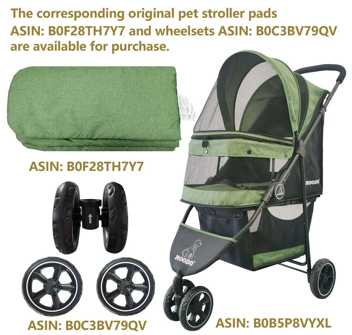 ROODO 3 Wheel Dog Pet Cat Stroller Best Lightweight Foldable Compact Portable Jogger All Terrain Travel Pet Gear Puppy Kitty Stroller for up to 30lbs Medium Small Dogs and Cats(Light Khaki)