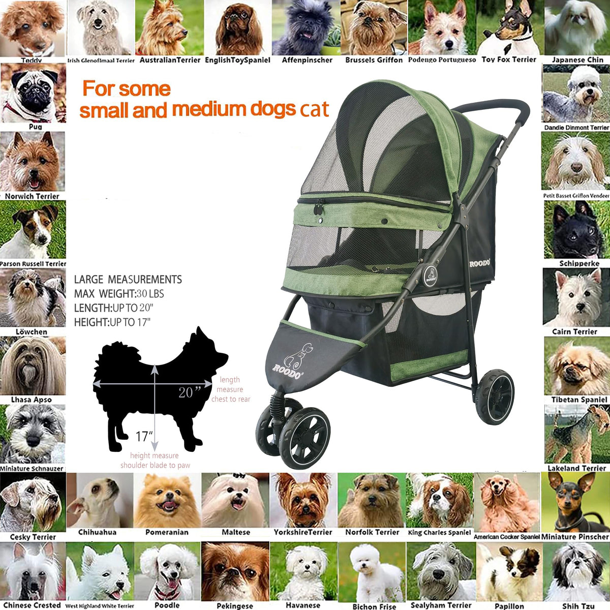 ROODO 3 Wheel Dog Pet Cat Stroller Best Lightweight Foldable Compact Portable Jogger All Terrain Travel Pet Gear Puppy Kitty Stroller for up to 30lbs Medium Small Dogs and Cats(Light Khaki)