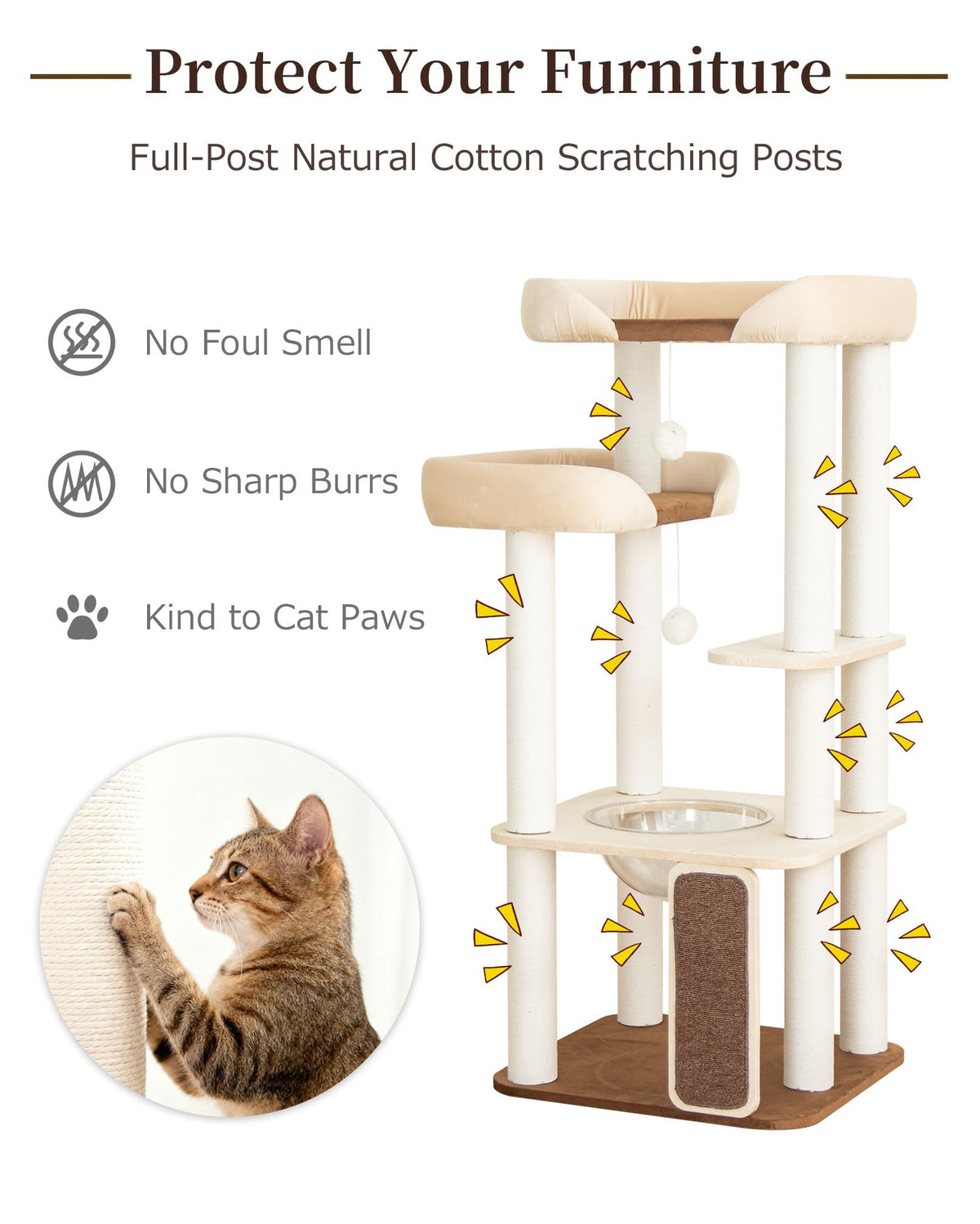 Cat Tree Tower Wooden 37.4''(95 cm), Large Cat Tree with Jump Platform &amp; Play Ball for Indoor Cats, Ideal Cat's Climbing Frame &amp; Playhouse (Linen Fabric Light Grey)