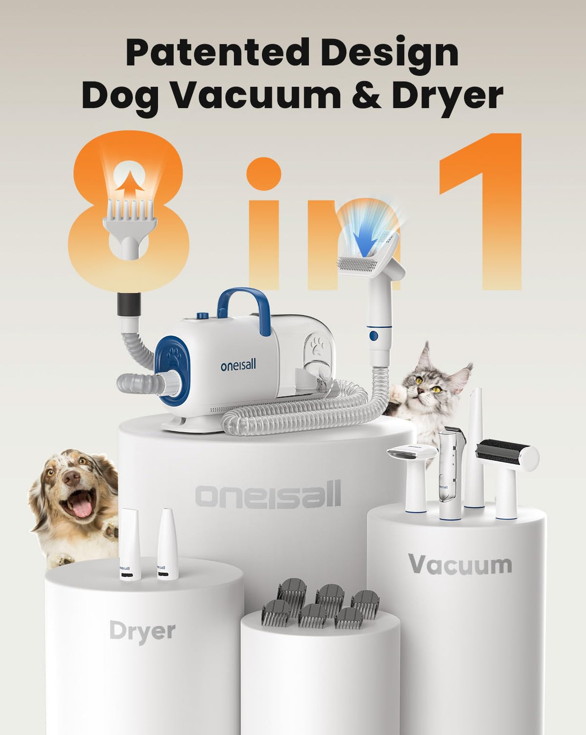 oneisall Dog Vacuum &amp; Dryer for Shedding Grooming, 8 in 1 Dog Grooming Kit with Metal Blade Pet Clippers, Adjustable Speed and Temperature Control Blower