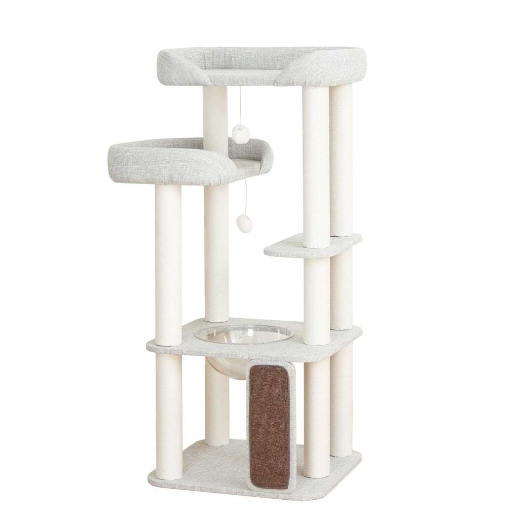 Cat Tree Tower Wooden 37.4''(95 cm), Large Cat Tree with Jump Platform &amp; Play Ball for Indoor Cats, Ideal Cat's Climbing Frame &amp; Playhouse (Linen Fabric Light Grey)