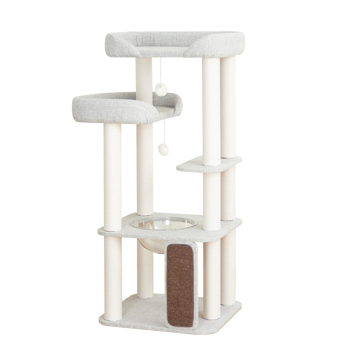 Cat Tree Tower Wooden 37.4''(95 cm), Large Cat Tree with Jump Platform &amp; Play Ball for Indoor Cats, Ideal Cat's Climbing Frame &amp; Playhouse (Linen Fabric Light Grey)