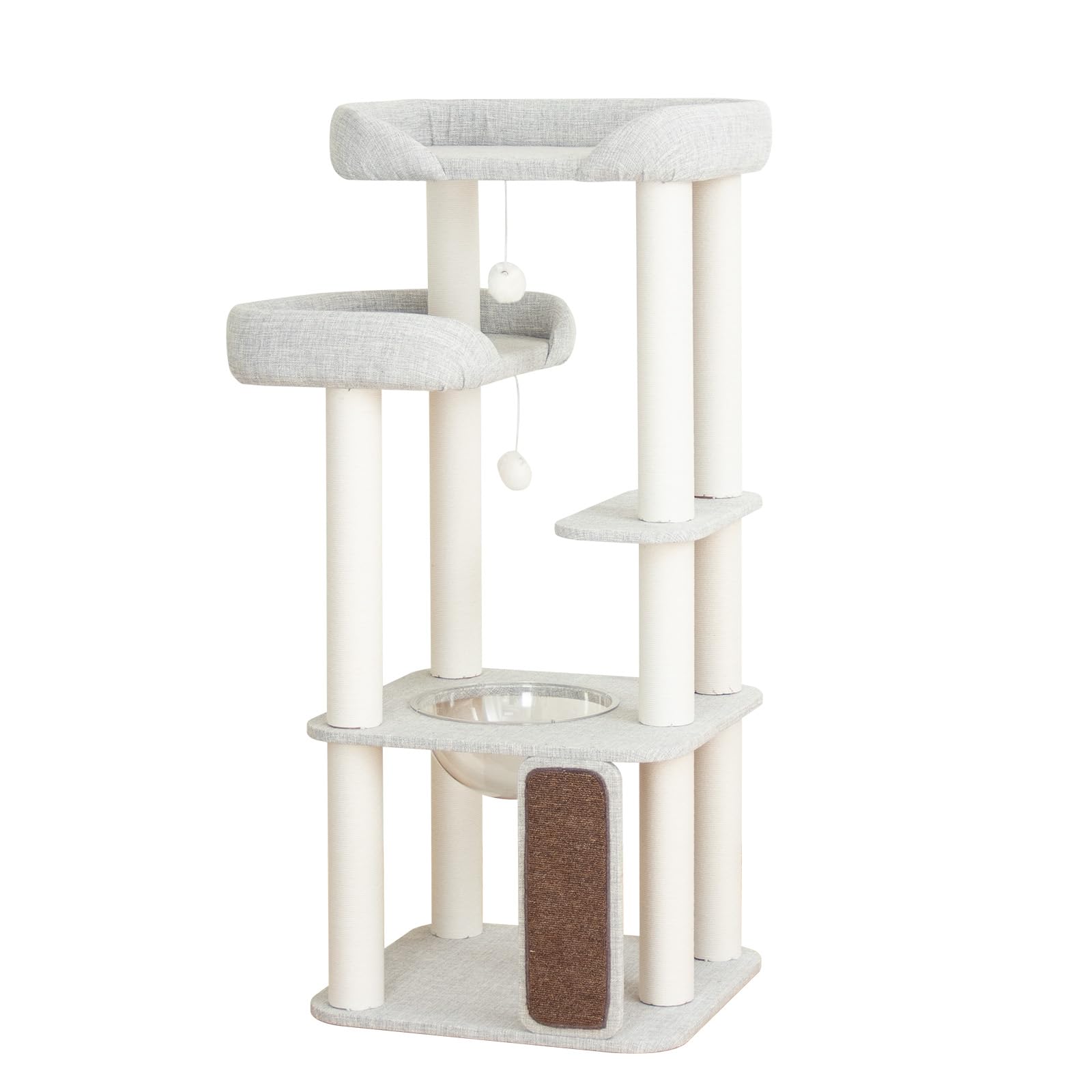 Cat Tree Tower Wooden 37.4''(95 cm), Large Cat Tree with Jump Platform &amp; Play Ball for Indoor Cats, Ideal Cat's Climbing Frame &amp; Playhouse (Linen Fabric Light Grey)